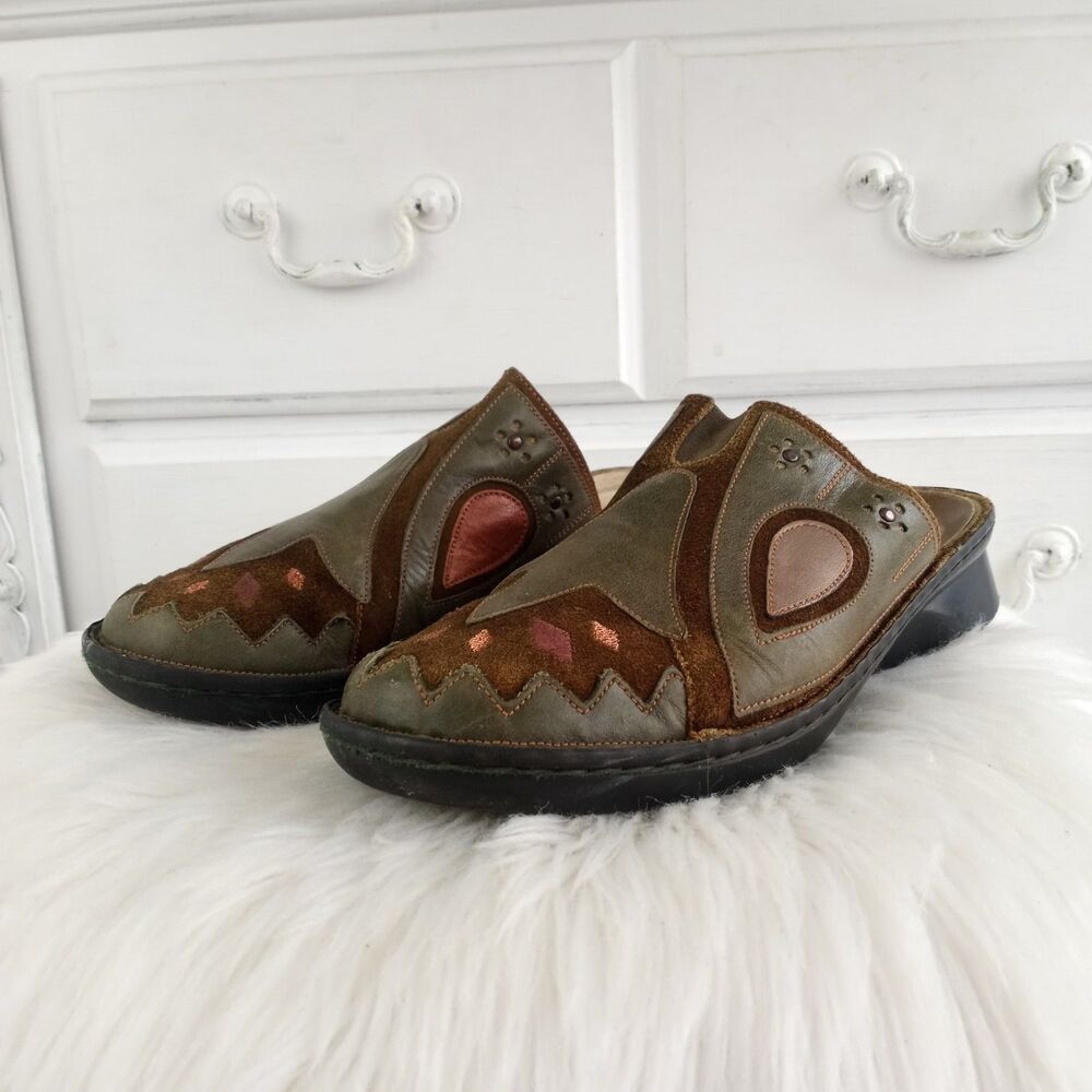 Naot Green Leather Patchwork Comfort Mules Clogs Boho Shoes Size EU 40 / US 9
